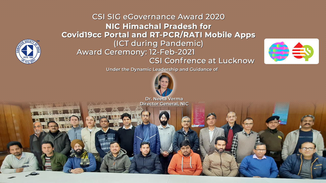 CSI Award of Recognition in 18th CSI SIG eGovernance Awards 2020 for COVID-19 Sample Collection Management System